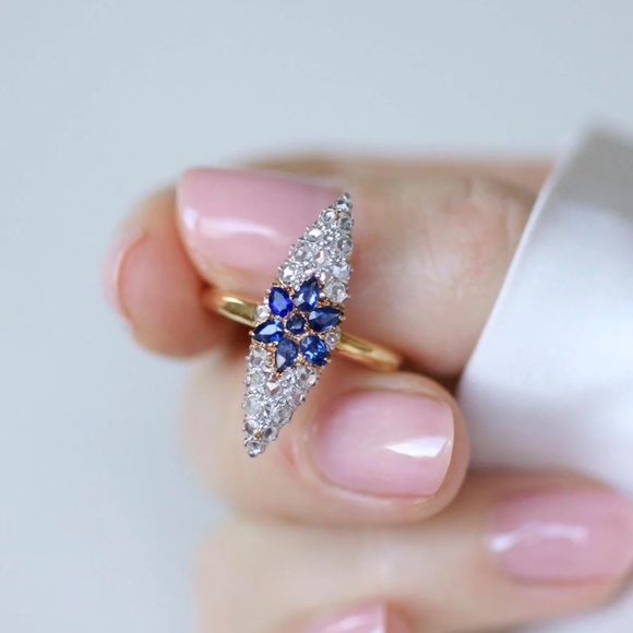 French Antique with Eagle Head Stamp Jewelry - French Antique Diamond and Sapphires Marquis Flower Ring